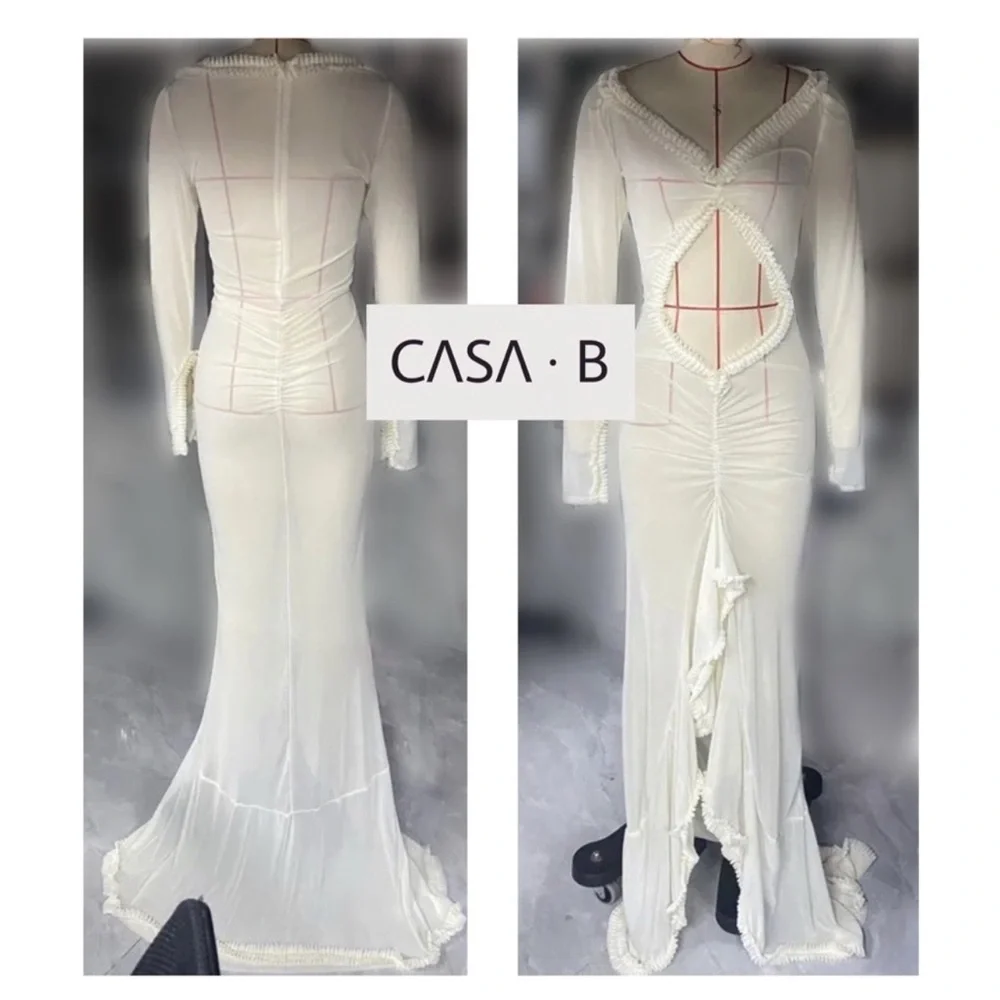 NEW💫to CASA B|“Glamour de Cannes” Mesh Cut-Out Frill Sheer Long Sleeve Lux Gown - Picture 16 of 17